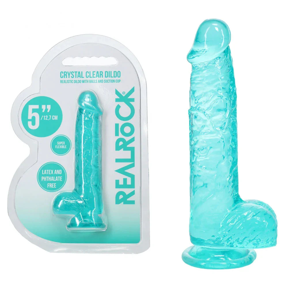 Shots Toys REALROCK Crystal Clear Dildo with Balls 5", Turquoise
