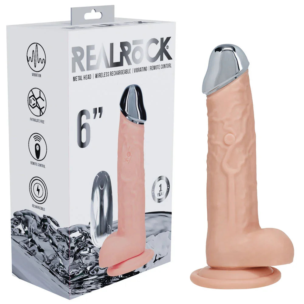 Shots Toys REALROCK Metal Head Vibrating Dildo with Remote 6", Flesh