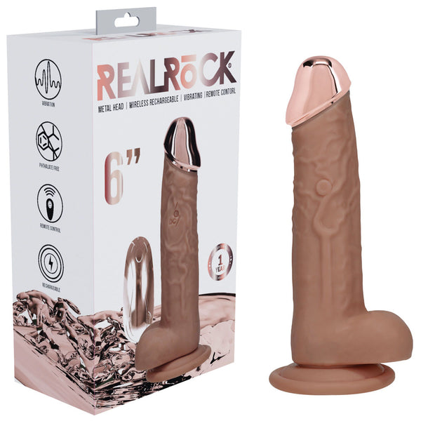 REALROCK 16.2 cm Metal Head Vibrating Dildo in Tan, retail box beside the dildo and its metal head