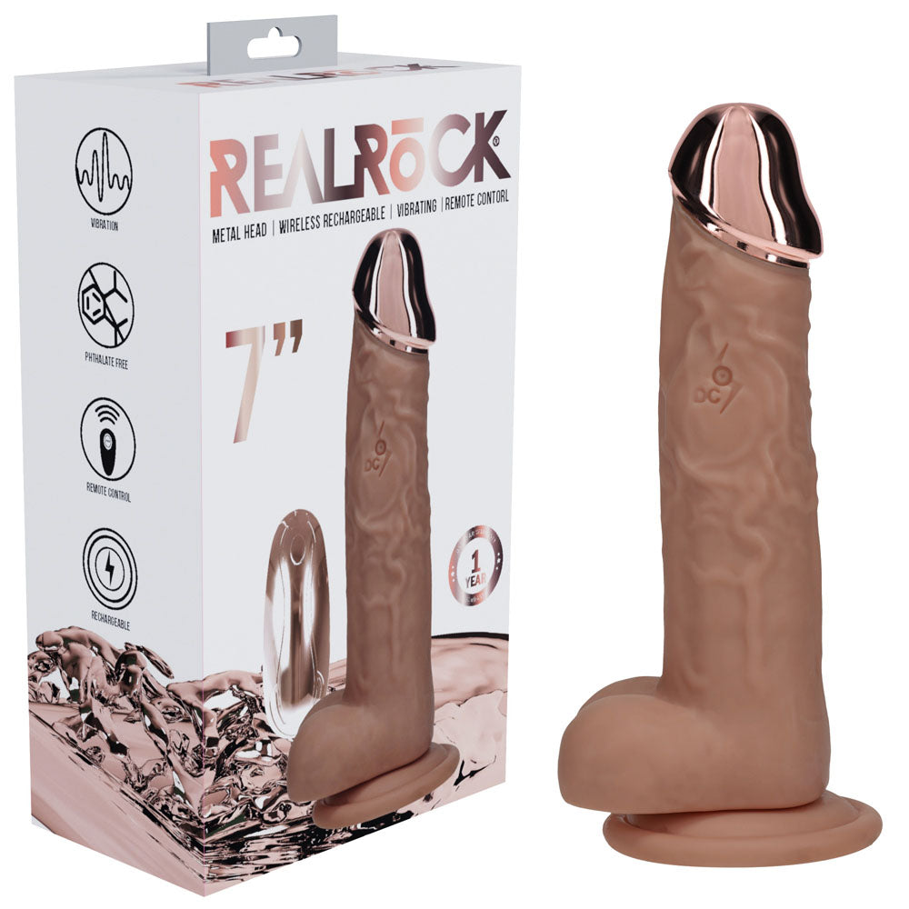 REALROCK 19 cm Metal Head Vibrating Dildo in Tan, retail box beside the dildo with a rose-gold head