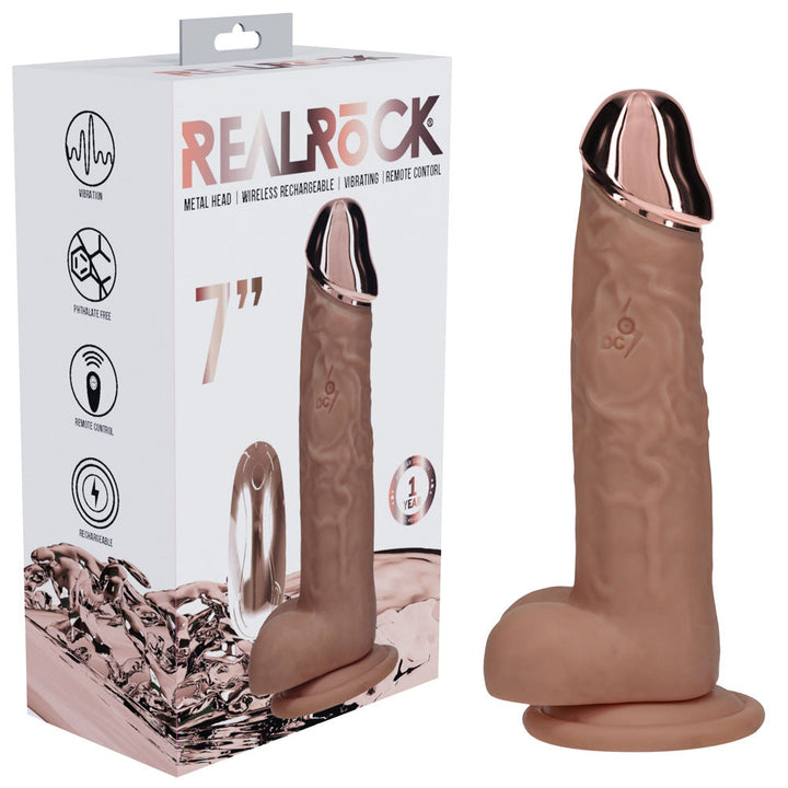 REALROCK 19 cm Metal Head Vibrating Dildo in Tan, retail box beside the dildo with a rose-gold head