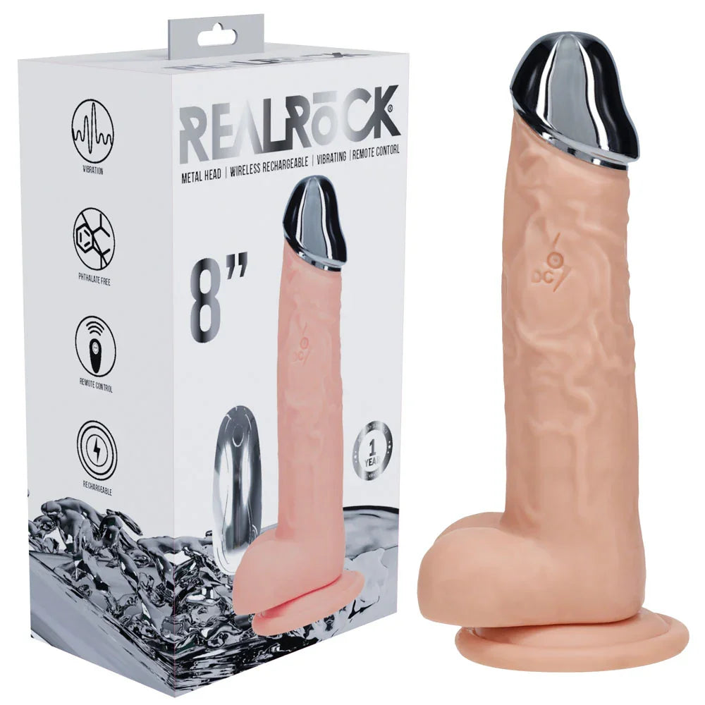 Shots Toys REALROCK Metal Head Vibrating Dildo with Remote 8", Flesh