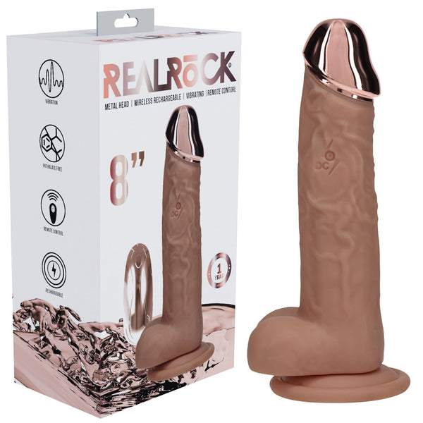REALROCK 22 cm Metal Head Vibrating Dildo in Tan, retail box beside the dildo and its metal head