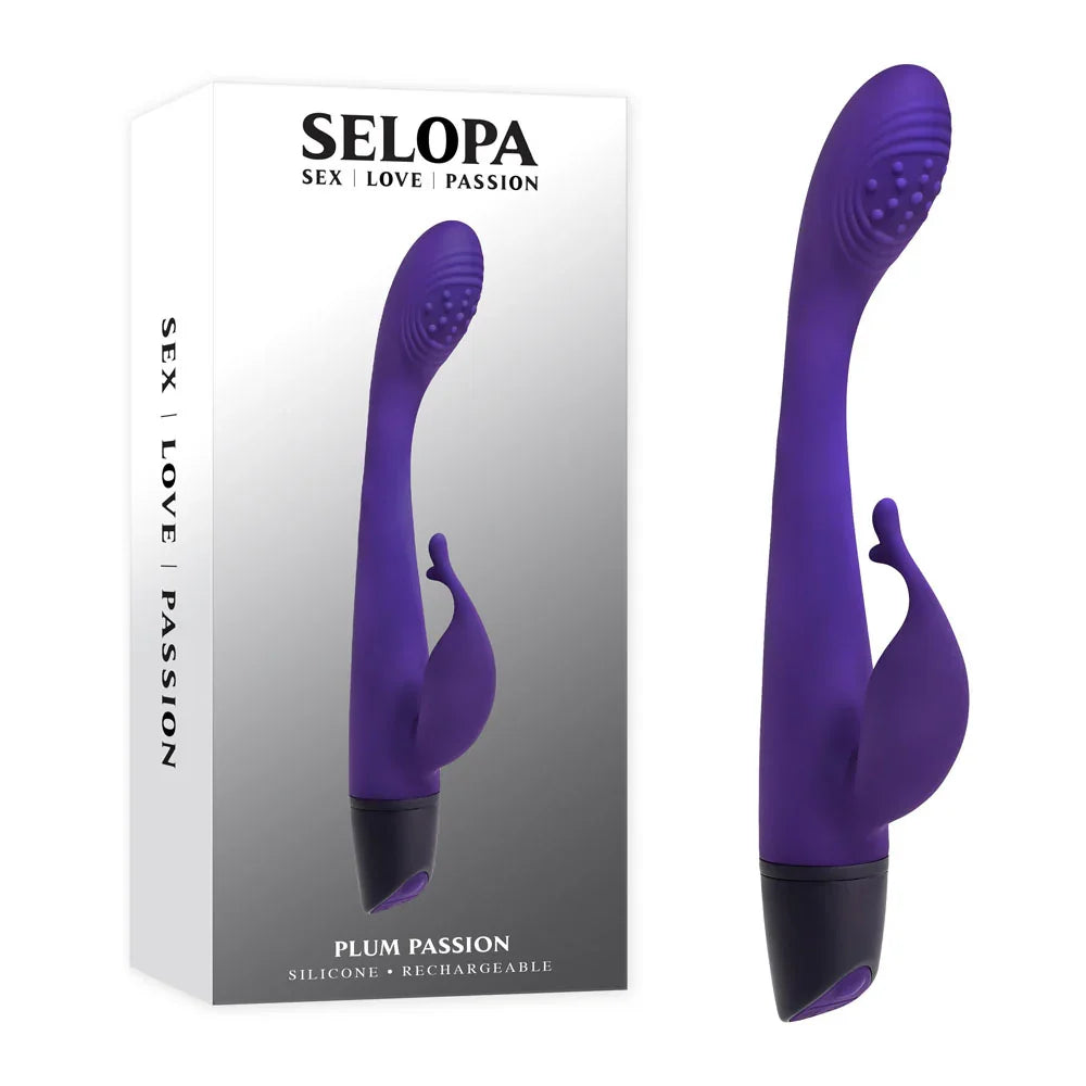 Selopa Plum Passion retail box beside the purple rabbit vibrator