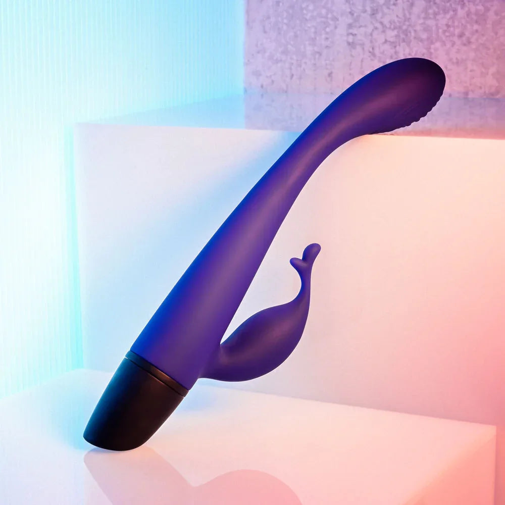 Plum Passion standing on pale blocks with the clitoral arm facing forward