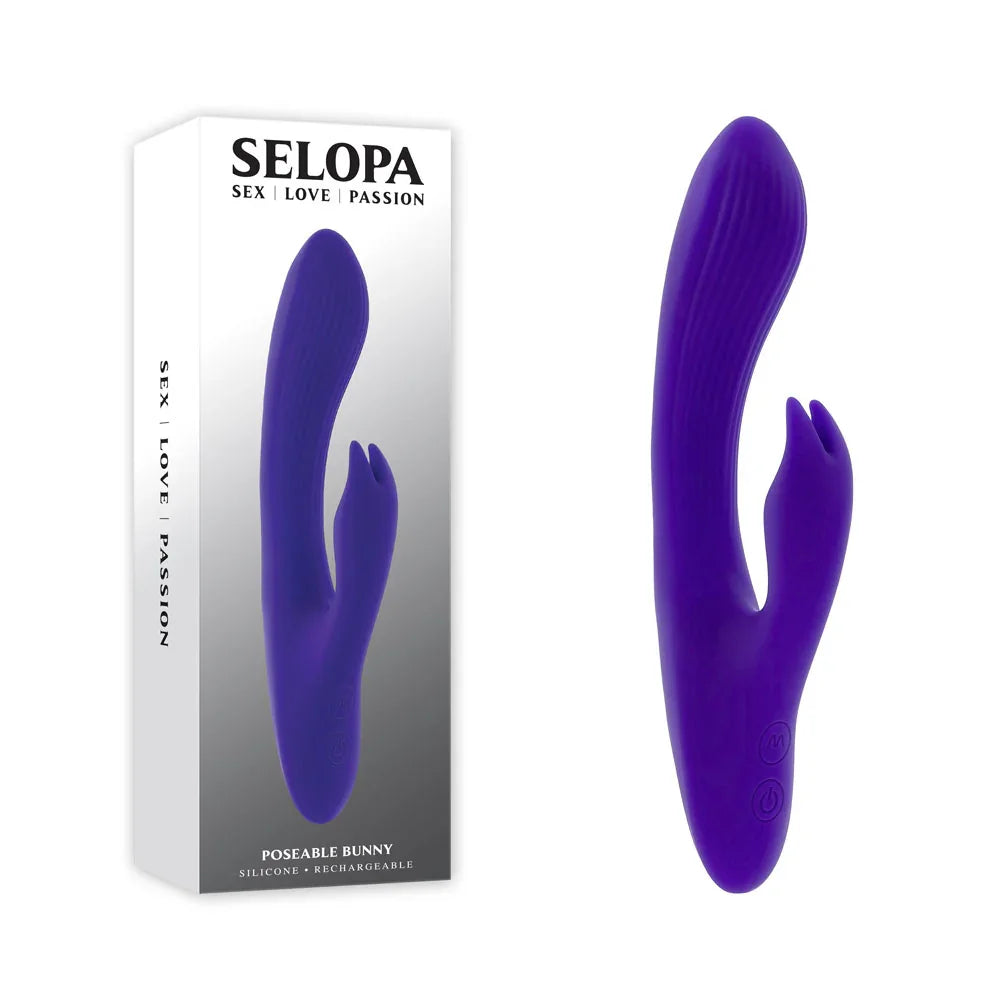 Selopa Poseable Bunny retail box beside the purple poseable rabbit vibrator