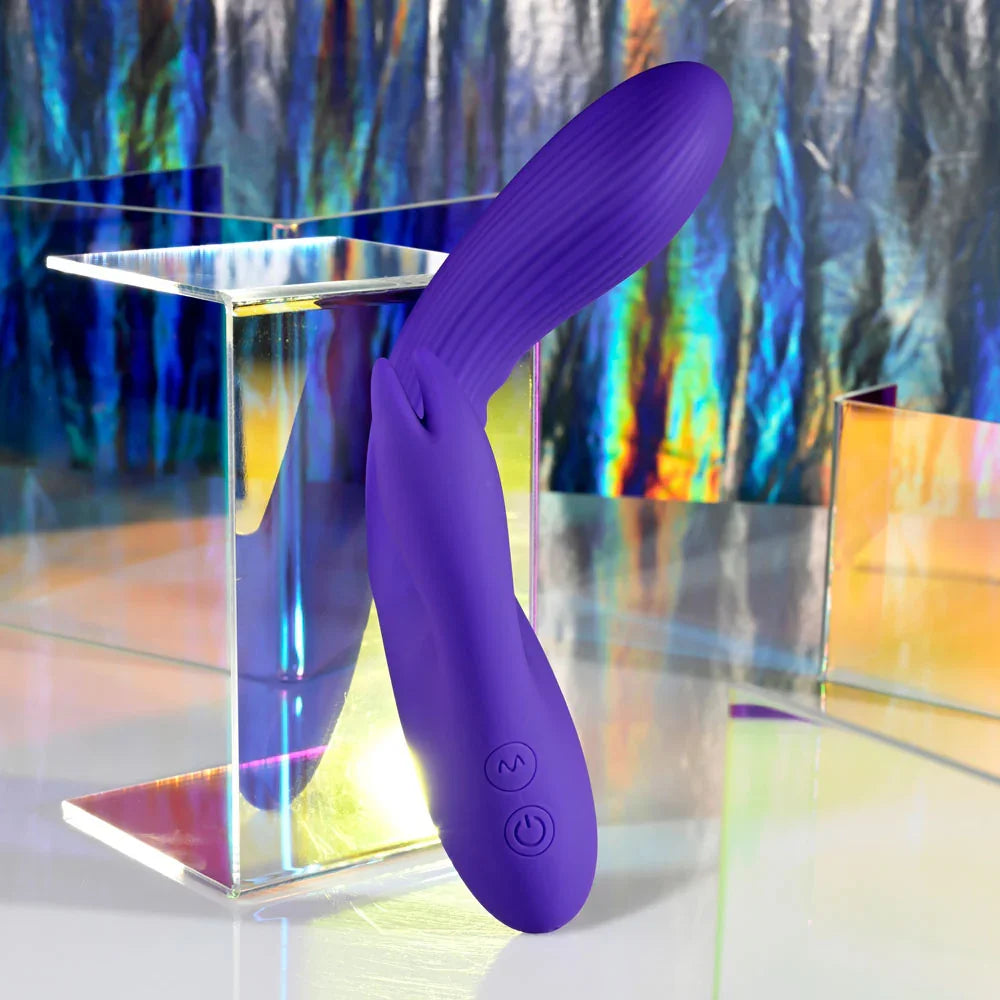 Poseable Bunny bent over a clear riser to show how the shaft holds a pose