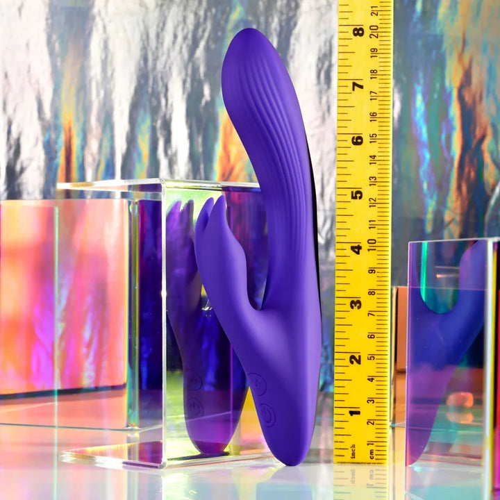 Poseable Bunny stood beside a ruler to show its 21 cm length