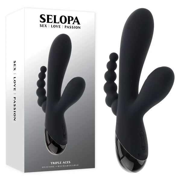 Selopa Triple Aces black triple stimulator vibrator beside its retail box