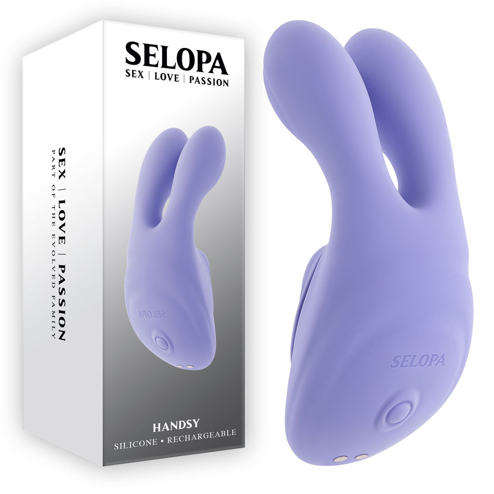 Selopa Handsy retail box beside the lilac twin-pronged stimulator