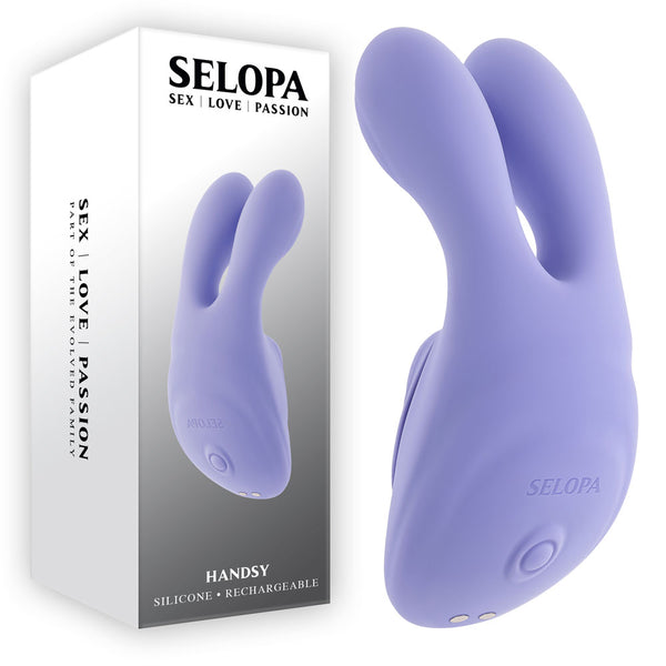 Selopa Handsy retail box beside the lilac twin-pronged stimulator