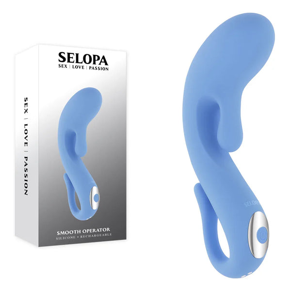 Selopa Smooth Operator blue vibrator with a looped handle, beside its retail box