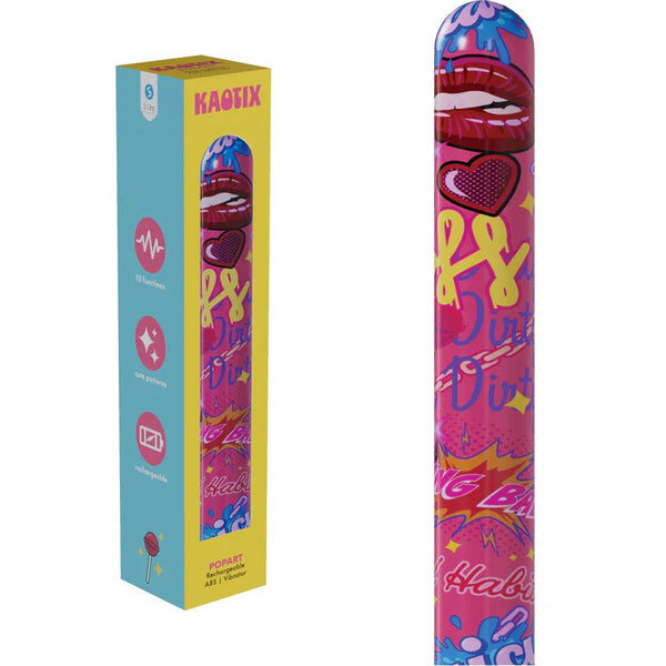 S-LINE Kaotix Pop Art Vibrator in Pink, box beside the vibrator printed with pop-art lips