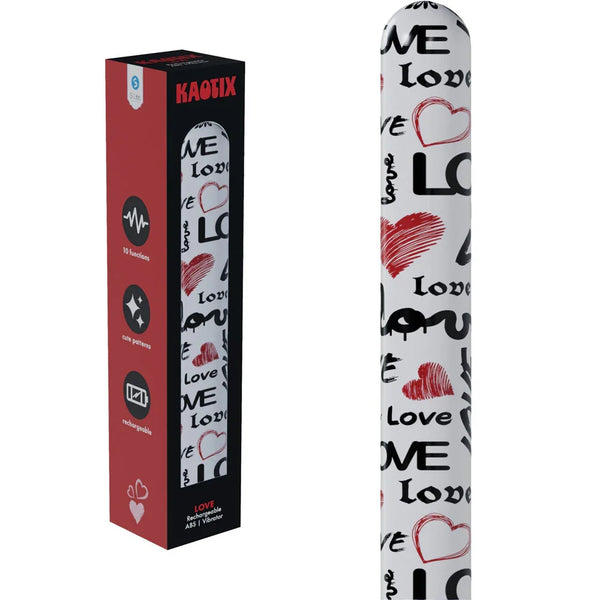 S-LINE Kaotix Love Vibrator in White, red box beside the white vibrator printed with Love graffiti