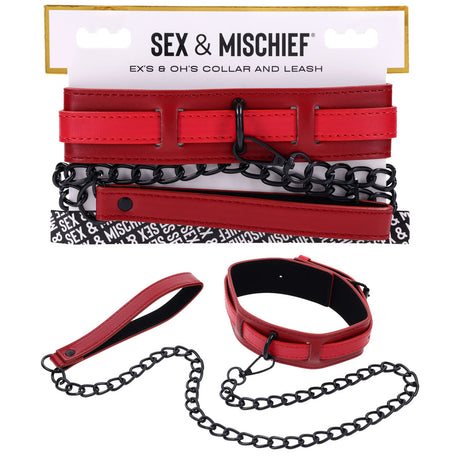 The S&M Exs & Ohs Collar and Leash is a red faux leather neck restraint with a matte black chain and hardware. Elegantly packaged in white with bold SEX & MISCHIEF text, it features an adjustable D-ring collar and a detachable leash with a loop handle.