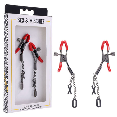 The image shows the S&M Exs & Ohs Nipple Clamps with adjustable tension, red rubber tips, and chains with X and O charms.