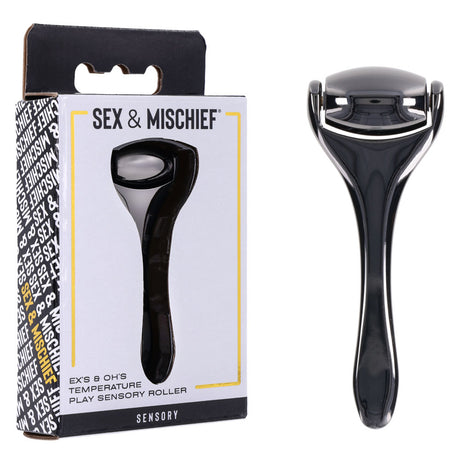 The S&M Exs & Ohs Temperature Play Sensory Roller, in a sleek gunmetal finish, comes boxed with Sex & Mischief branding. It features a smooth handle and rounded head designed for tactile sensation and pleasure exploration in temperature play.