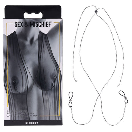 The S&M Exs & Ohs features a sheer dress with adjustable-fit, multifunctional beaded chain loops, described as body jewelry and nipple ties, enhancing its allure against a black and white backdrop.