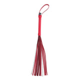 The S&M Exs & Ohs Crystal Flogger features black crystal falls, a red faux leather handle with a loop for grip or hanging, and long, flat tails designed for impact play in BDSM activities.