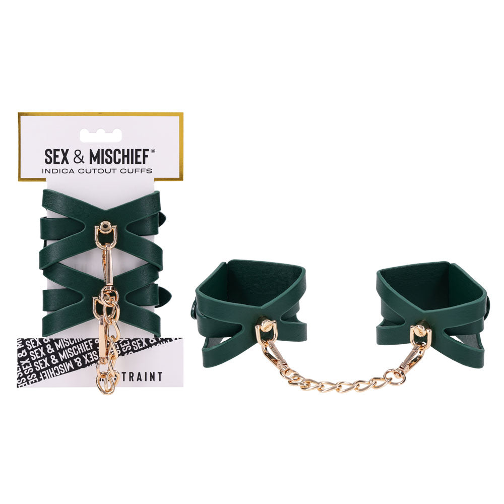 Sex & Mischief Indica Cutout Cuffs on their card, green cuffs with a gold chain