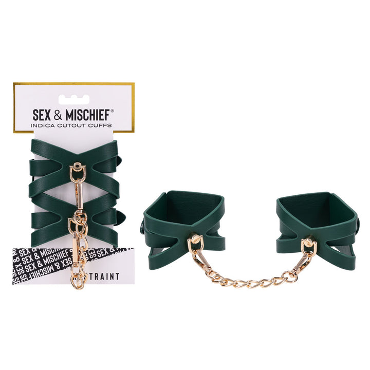 Sex & Mischief Indica Cutout Cuffs on their card, green cuffs with a gold chain