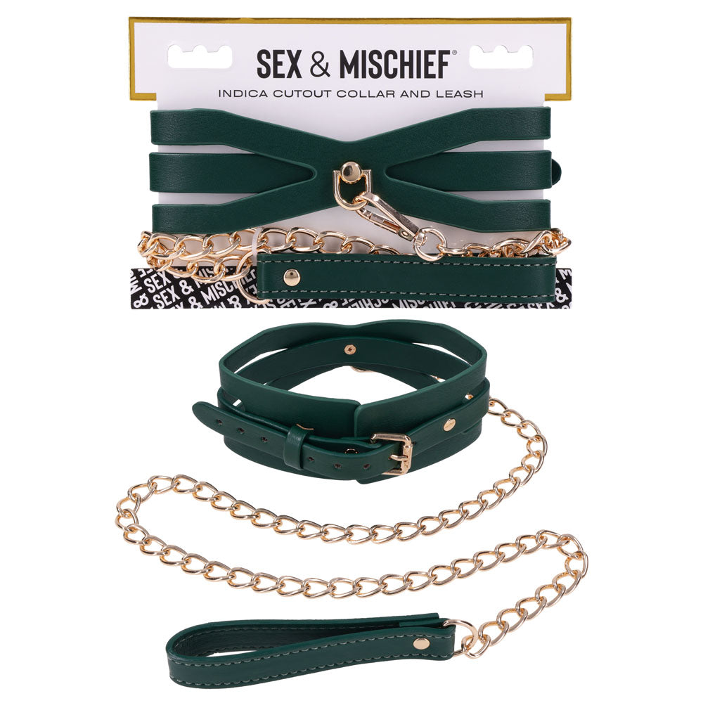 Sex & Mischief Indica Cutout Collar and Leash on its card, green collar and gold chain