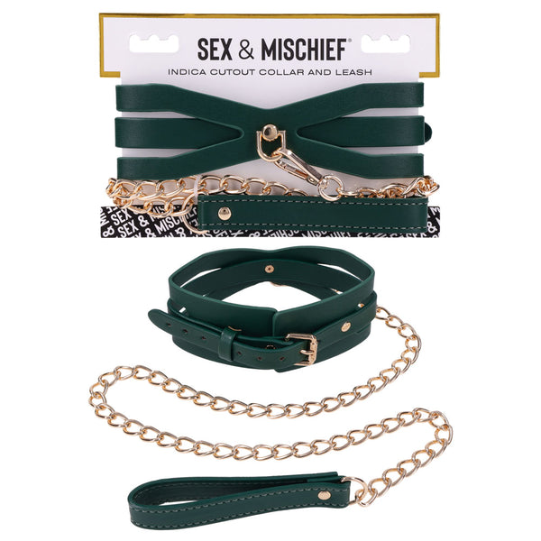 Sex & Mischief Indica Cutout Collar and Leash on its card, green collar and gold chain
