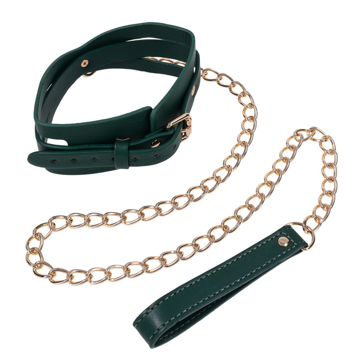 Indica collar formed into a ring with the gold leash and green handle laid out