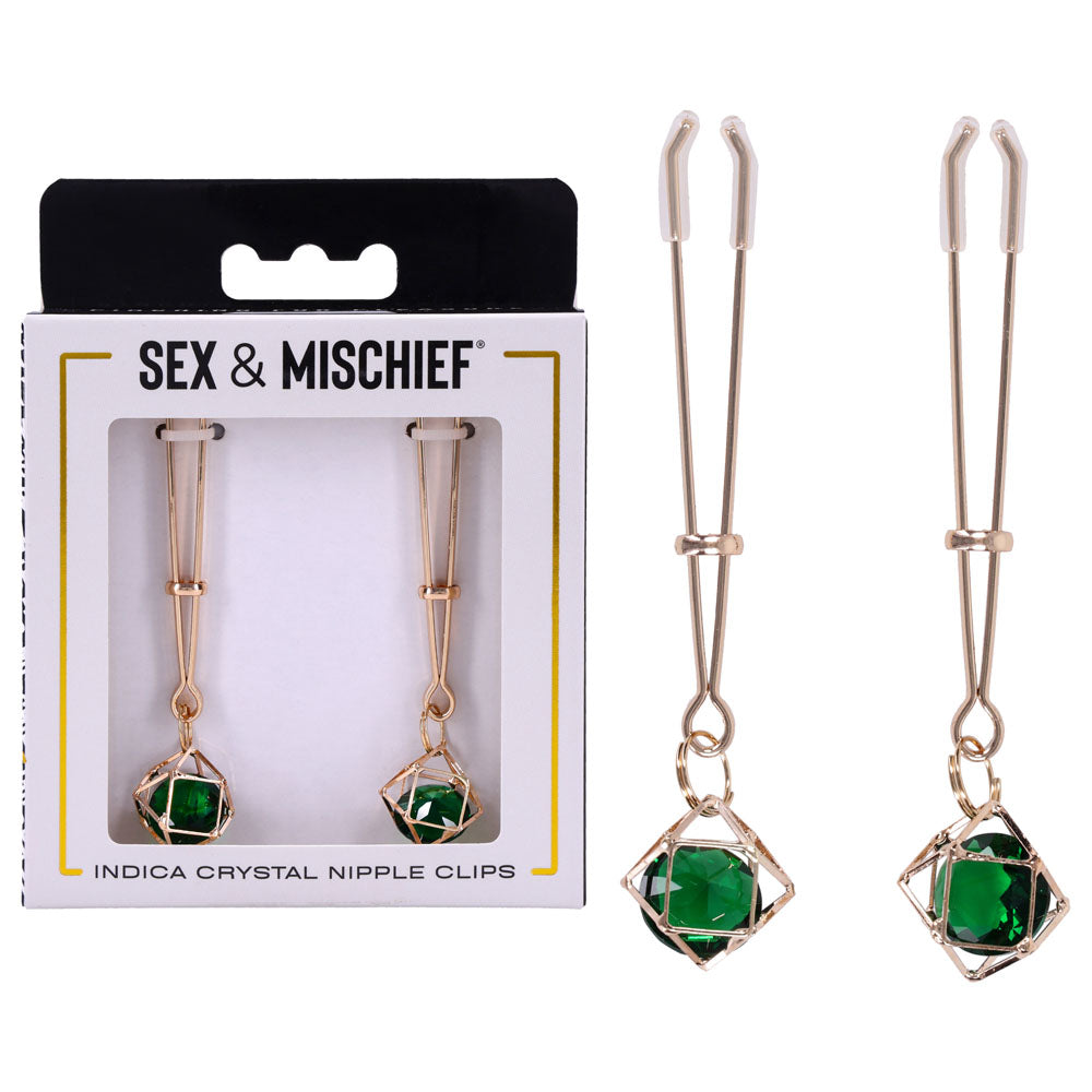 Sex & Mischief Indica Crystal Nipple Clips box beside two gold clips with green gems