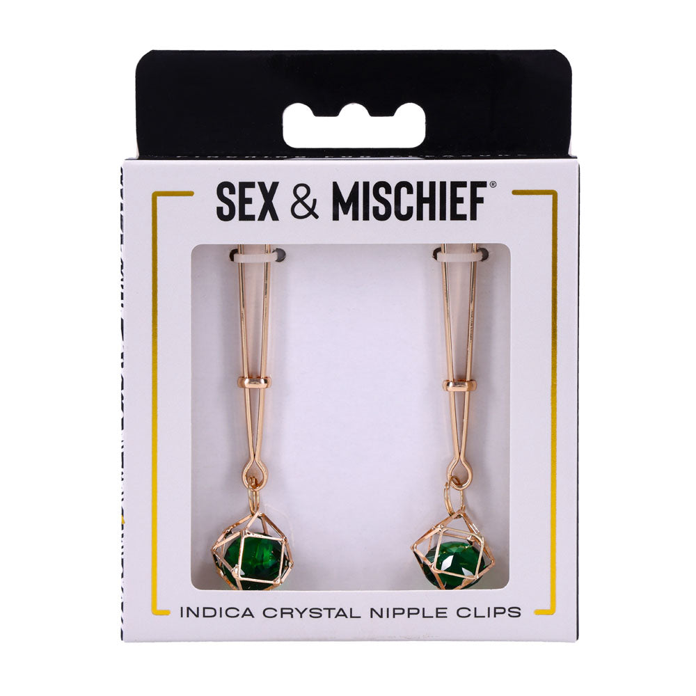 Indica Crystal Nipple Clips retail box front, clips shown through the window