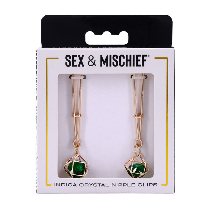 Indica Crystal Nipple Clips retail box front, clips shown through the window