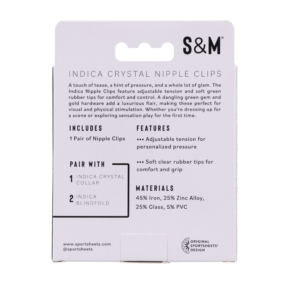 Back of the Indica Crystal Nipple Clips box listing features and materials