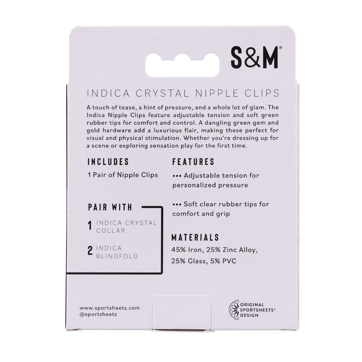 Back of the Indica Crystal Nipple Clips box listing features and materials