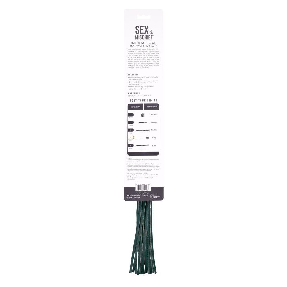 Back of the Indica Dual Impact Crop pack with the feature and intensity chart