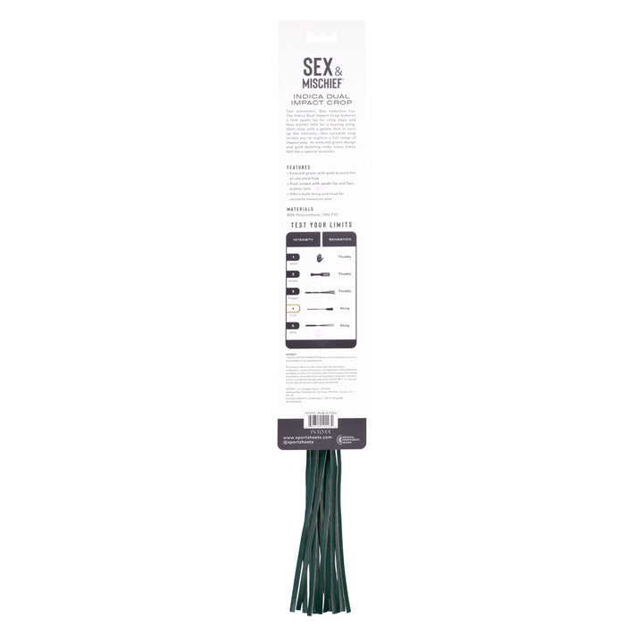 Back of the Indica Dual Impact Crop pack with the feature and intensity chart
