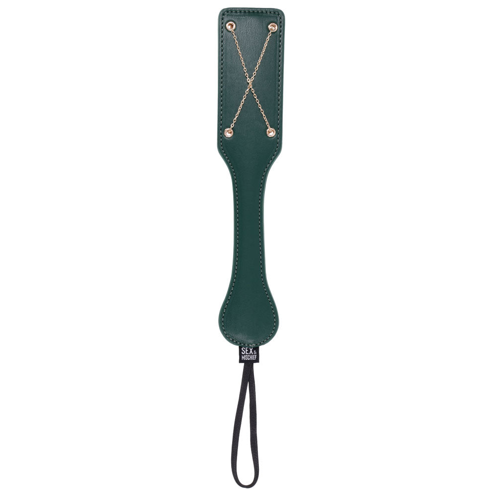 Sex & Mischief Indica Chain Impressions Paddle in green with a gold X chain on the blade