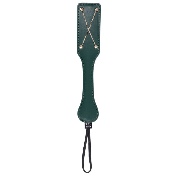 Sex & Mischief Indica Chain Impressions Paddle in green with a gold X chain on the blade