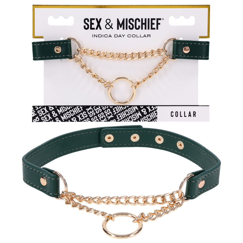 Sex & Mischief Indica Day Collar on its card, green strap with a gold chain and O-ring