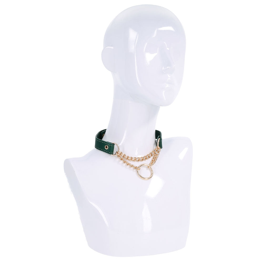 Indica Day Collar on a white mannequin bust, gold chain and ring at the front