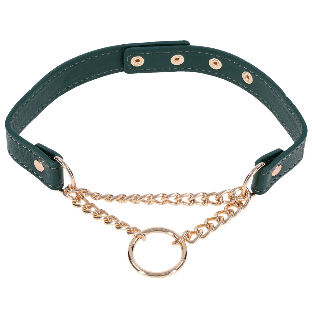 Green Indica Day Collar formed into a ring with the gold martingale chain
