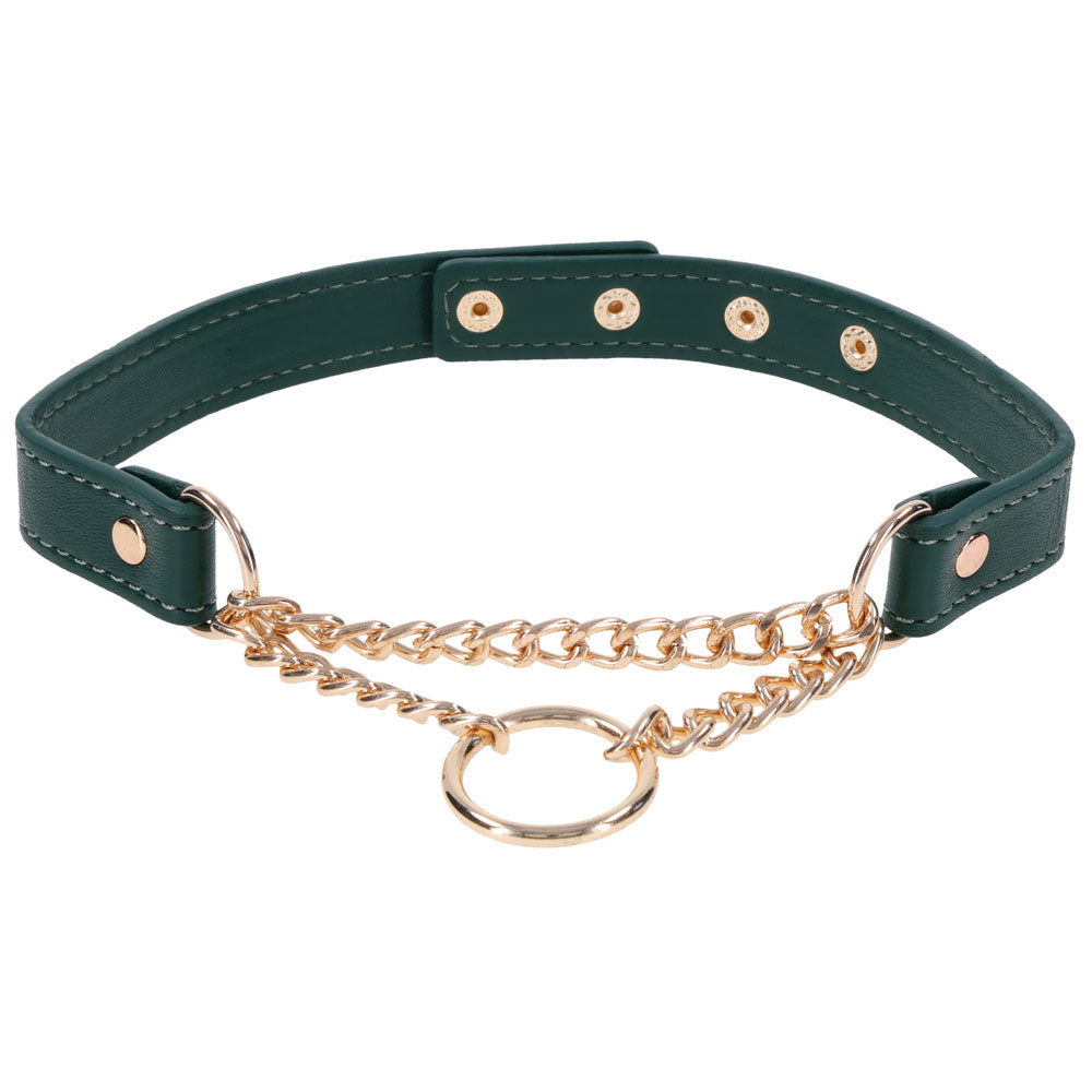 Indica Day Collar with the gold chain and O-ring hanging at the front