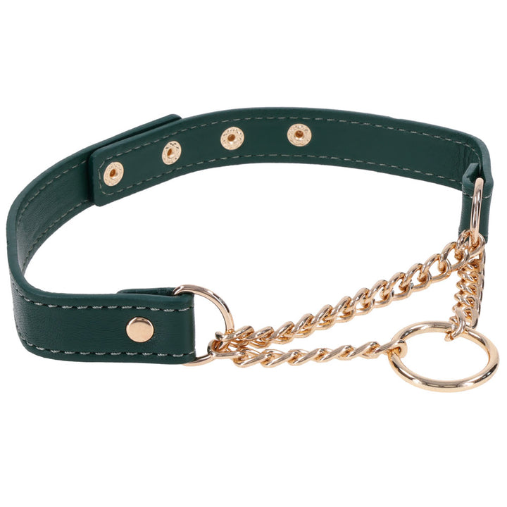 Indica Day Collar angled, rose gold rivets and the martingale chain in view