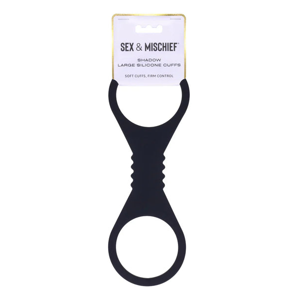 Sex & Mischief Shadow Large Silicone Cuffs in black on their retail card