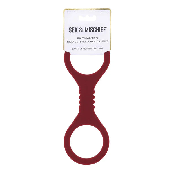 Sex & Mischief Enchanted Small Silicone Cuffs in burgundy on their retail card