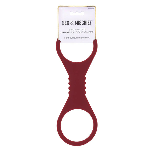 Sex & Mischief Enchanted Large Silicone Cuffs in burgundy on their retail card