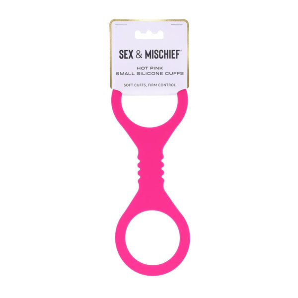 Sex & Mischief Small Silicone Cuffs in hot pink on their retail card