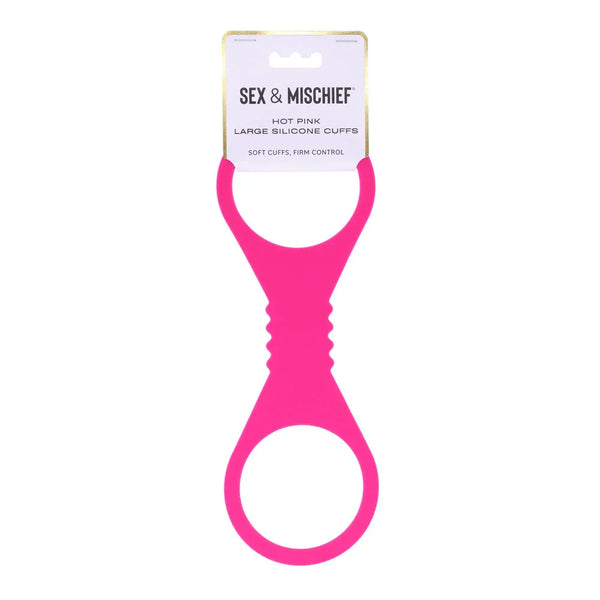 Sex & Mischief Large Silicone Cuffs in hot pink on their retail card