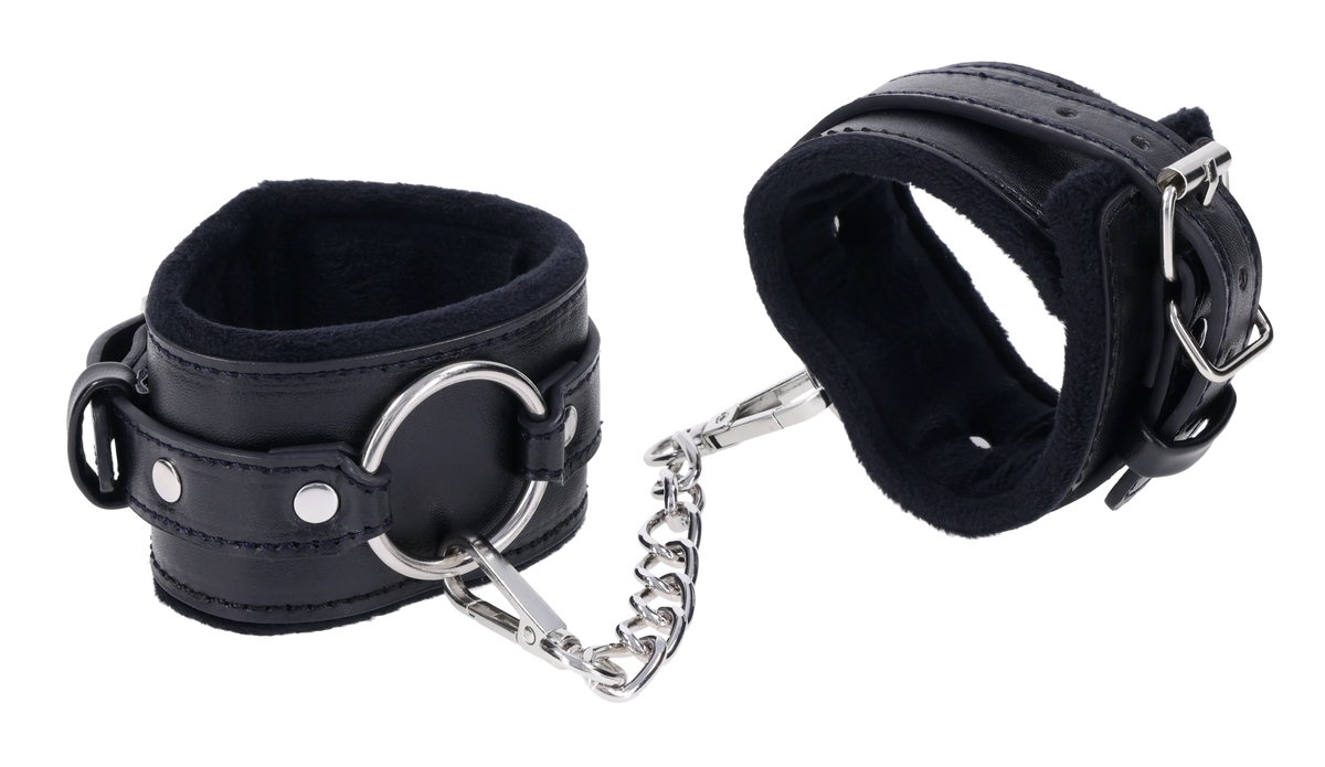 Sex & Mischief Shadow black leather handcuffs with metal hardware