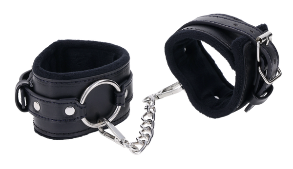 Sex & Mischief Shadow black leather handcuffs with metal hardware
