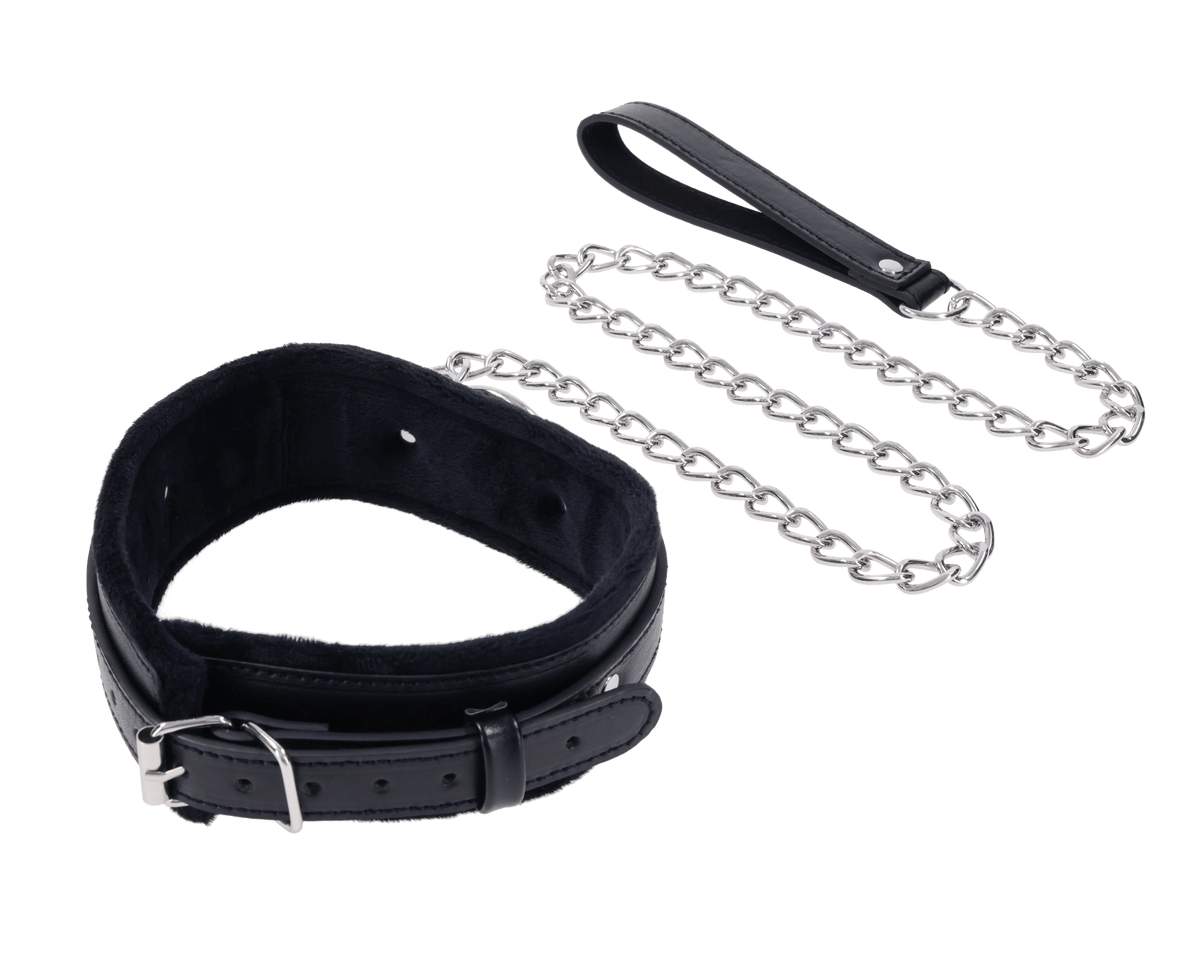 Sex & Mischief Shadow collar and leash, close view of buckle and hardware